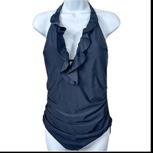 Black Ruffle Plunge Neckline Fullpiece Swimsuit - Large - NEW